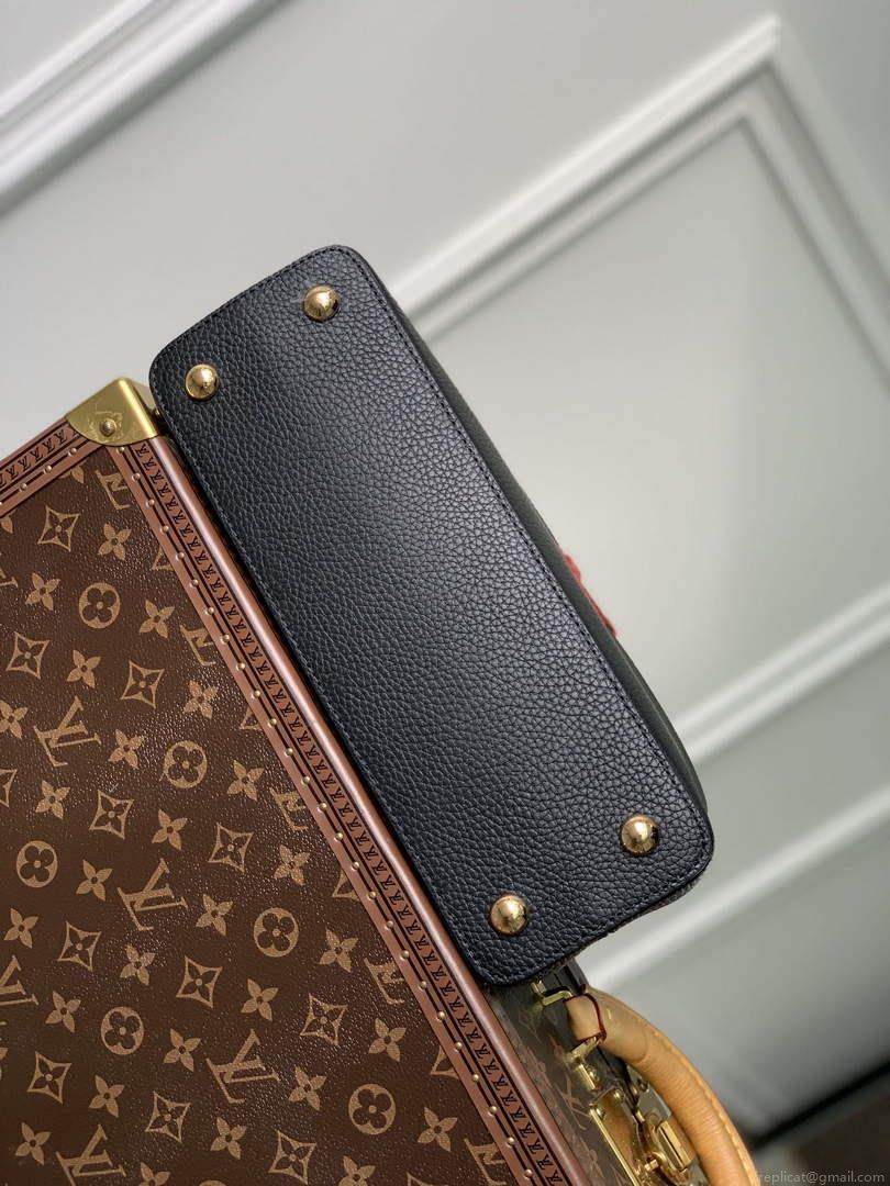 LV M21043 Louis Vuitton Capucines MM Handbag Black / Greige Doux / Scarlet