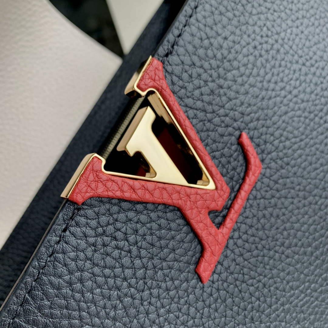 LV M21043 Louis Vuitton Capucines MM Handbag Black / Greige Doux / Scarlet