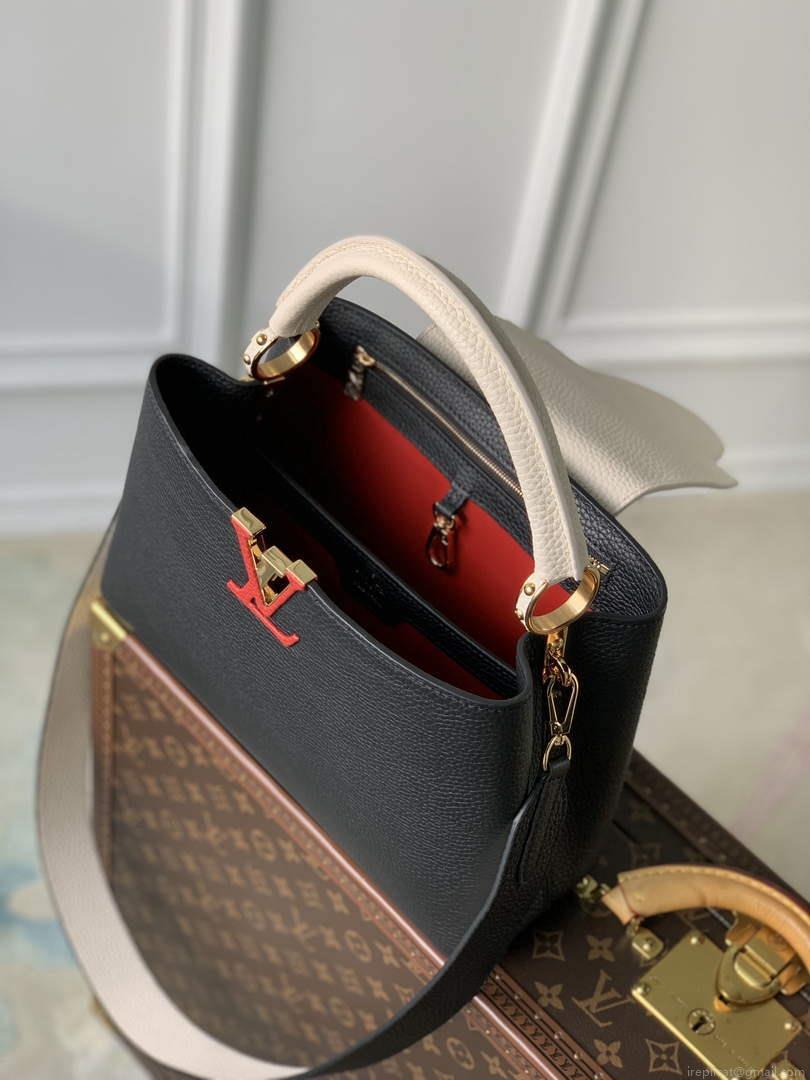 LV M21043 Louis Vuitton Capucines MM Handbag Black / Greige Doux / Scarlet