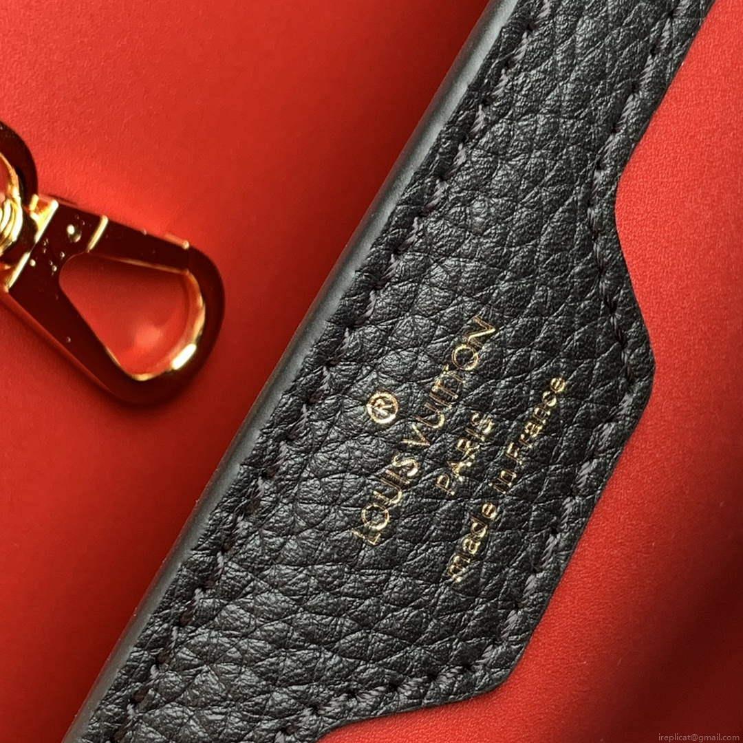 LV M21043 Louis Vuitton Capucines MM Handbag Black / Greige Doux / Scarlet