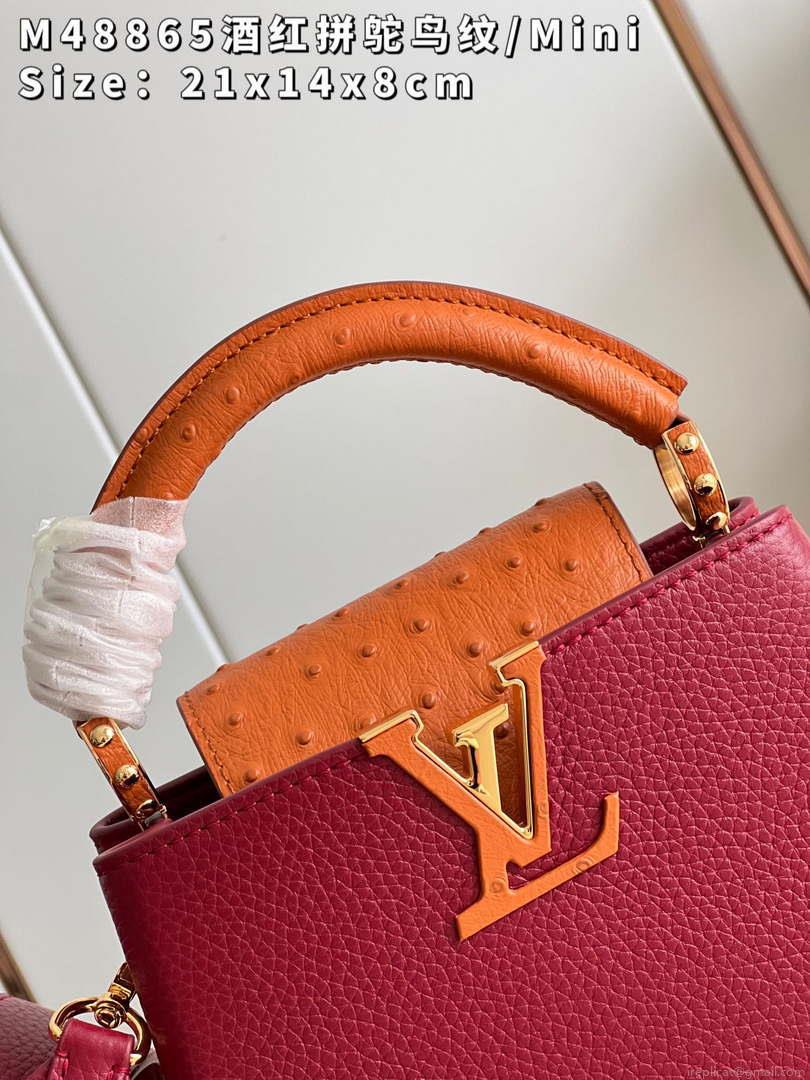 LV M48865 Louis Vuitton Capucines Mini Bag Stitched ostrich leather Wine Red