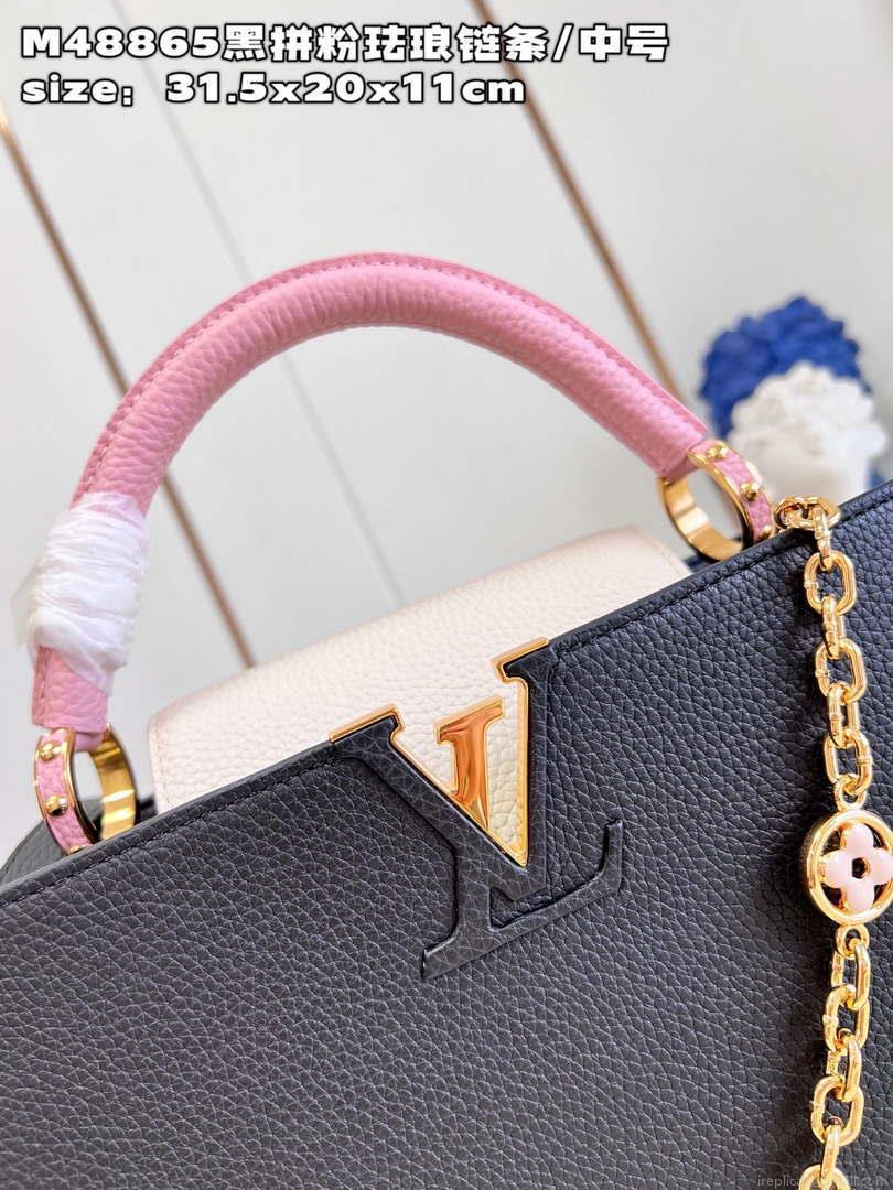LV M22512 Louis Vuitton Capucines MM Black and Rose Pink