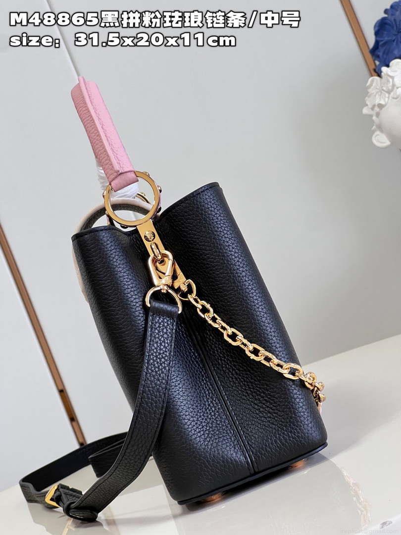 LV M22512 Louis Vuitton Capucines MM Black and Rose Pink