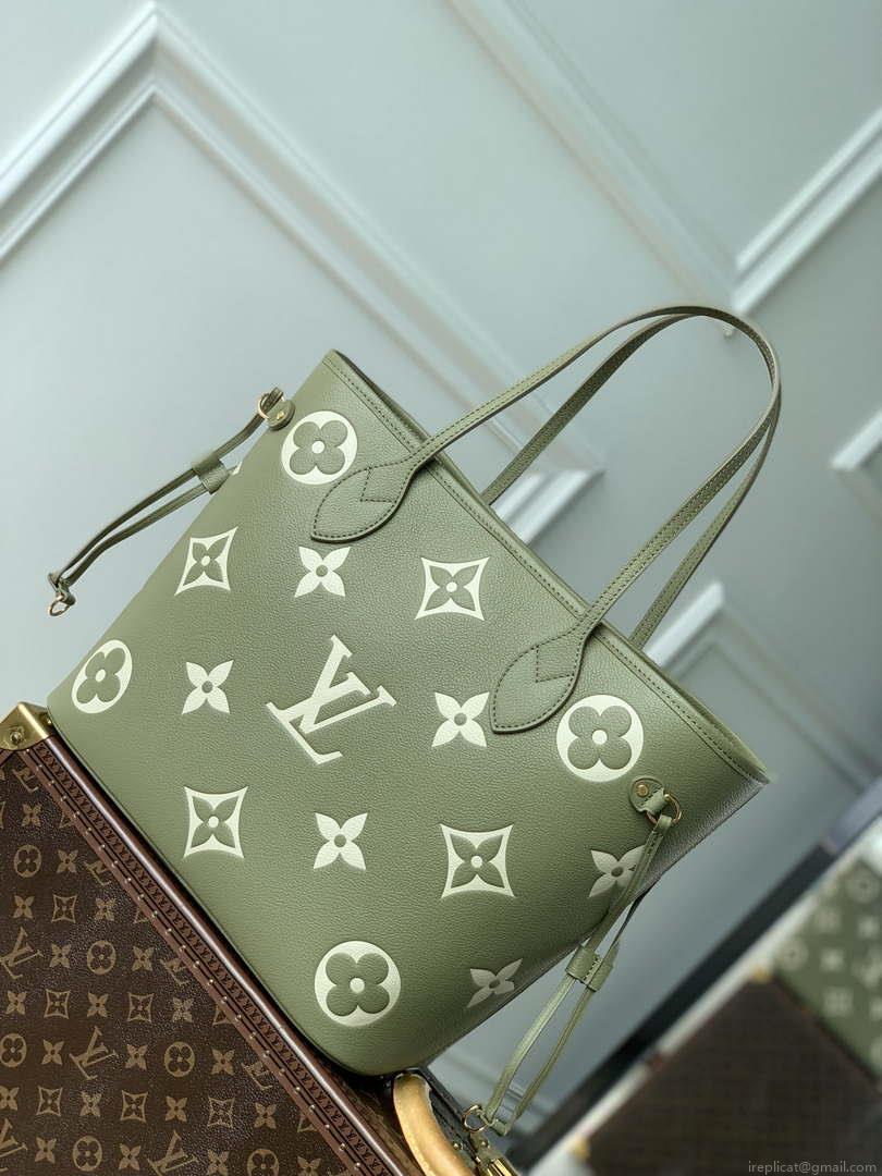 LV M46649 Louis Vuitton Neverfull MM Tote Bag Monogram Empreinte Leather Kaki Cream