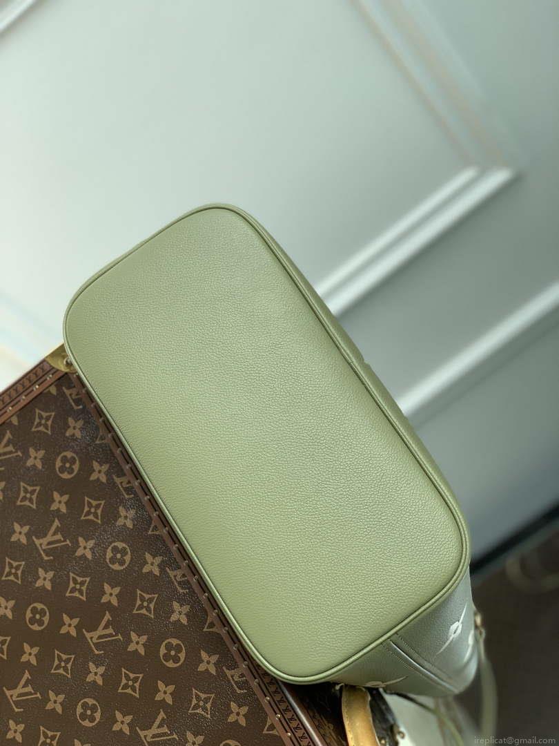 LV M46649 Louis Vuitton Neverfull MM Tote Bag Monogram Empreinte Leather Kaki Cream