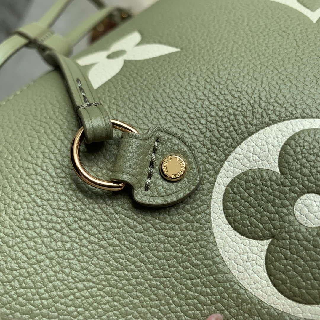 LV M46649 Louis Vuitton Neverfull MM Tote Bag Monogram Empreinte Leather Kaki Cream