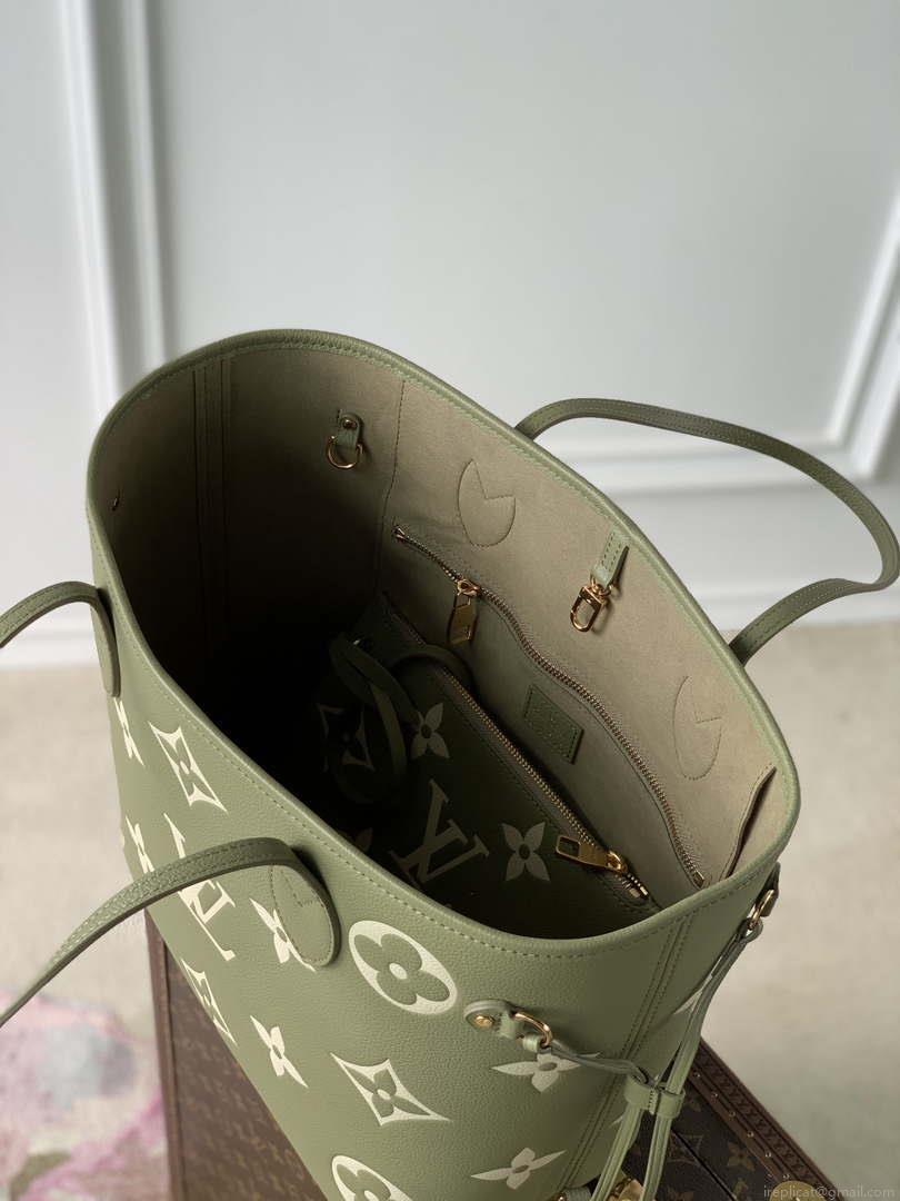 LV M46649 Louis Vuitton Neverfull MM Tote Bag Monogram Empreinte Leather Kaki Cream