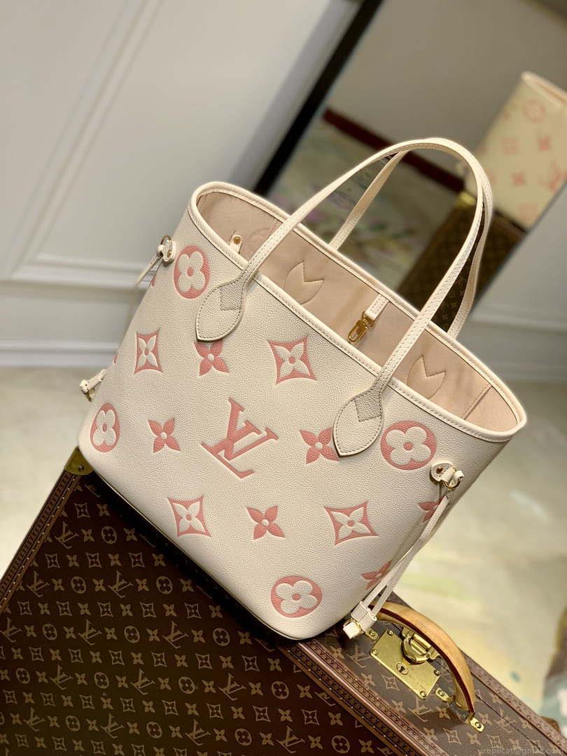 LV M21579 Louis Vuitton Neverfull MM Tote Bag M46649 Monogram Empreinte Leather Cream Pink