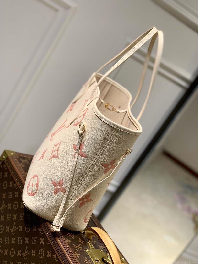LV M21579 Louis Vuitton Neverfull MM Tote Bag M46649 Monogram Empreinte Leather Cream Pink