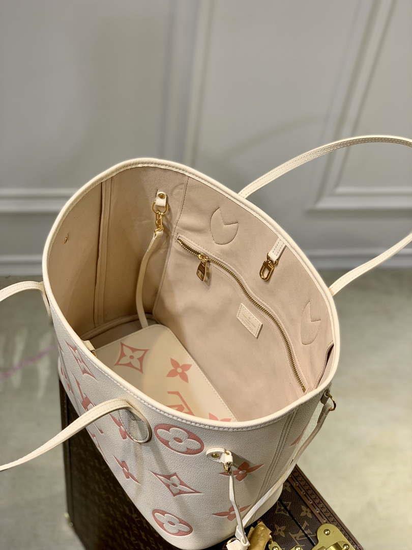 LV M21579 Louis Vuitton Neverfull MM Tote Bag M46649 Monogram Empreinte Leather Cream Pink