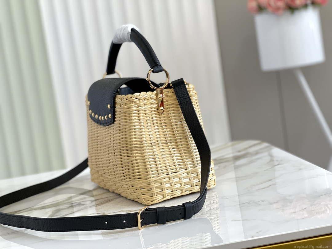 LV M55011 Louis Vuitton Capucines BB Handbag Straw Leather Beige Black