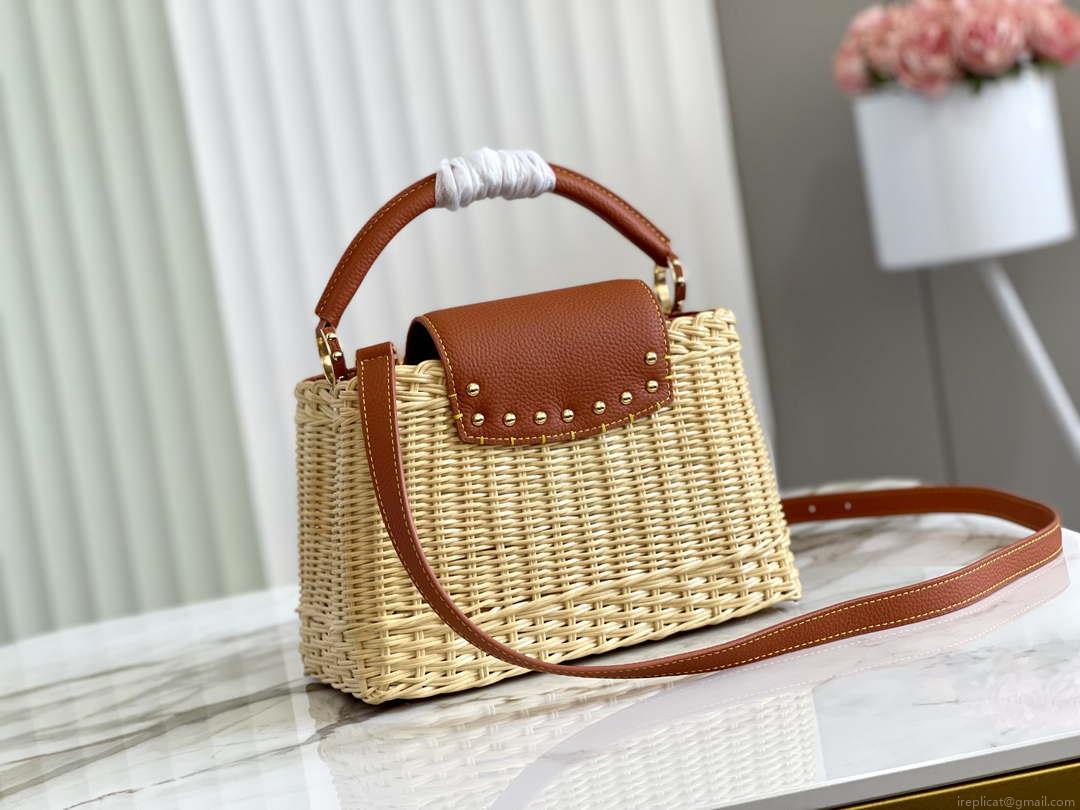 LV M11617 Louis Vuitton Capucines BB Handbag Straw Leather Beige Tan