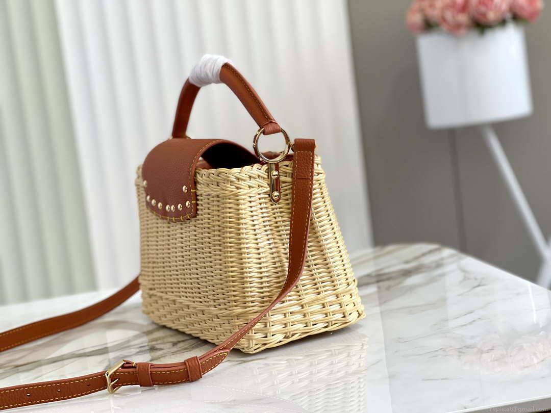 LV M11617 Louis Vuitton Capucines BB Handbag Straw Leather Beige Tan