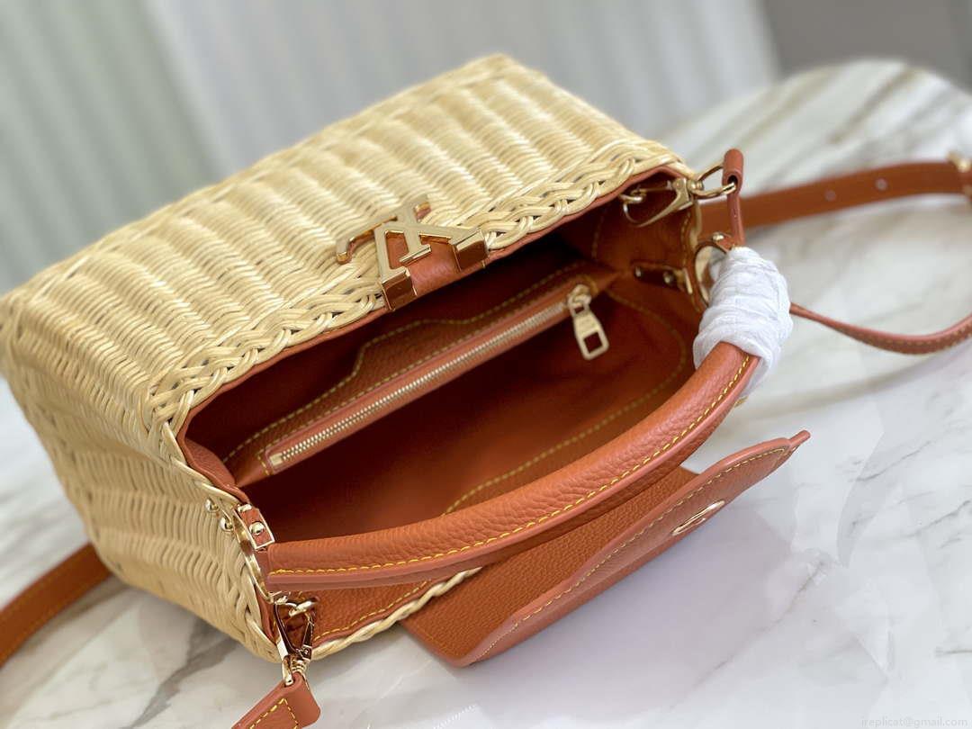 LV M11617 Louis Vuitton Capucines BB Handbag Straw Leather Beige Tan