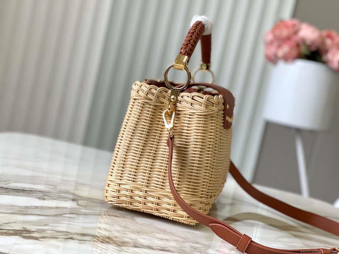 LV M22173 Louis Vuitton Capucines BB Handbag Straw Leather Beige Tan