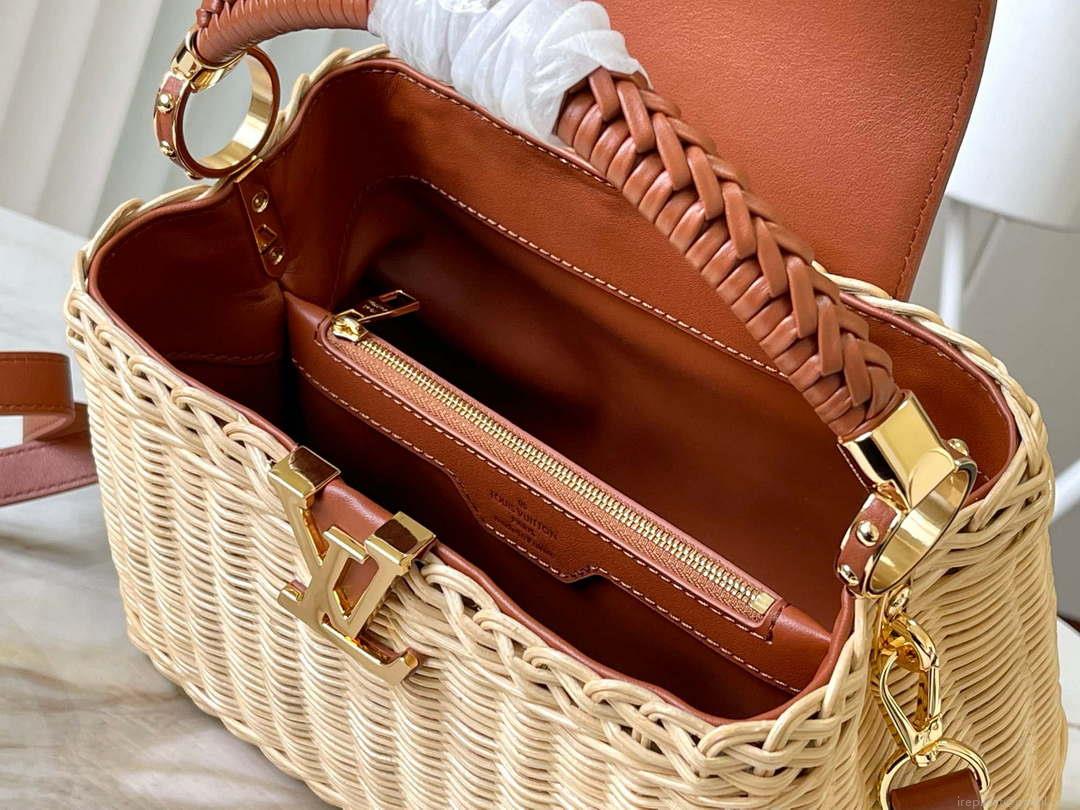 LV M22173 Louis Vuitton Capucines BB Handbag Straw Leather Beige Tan