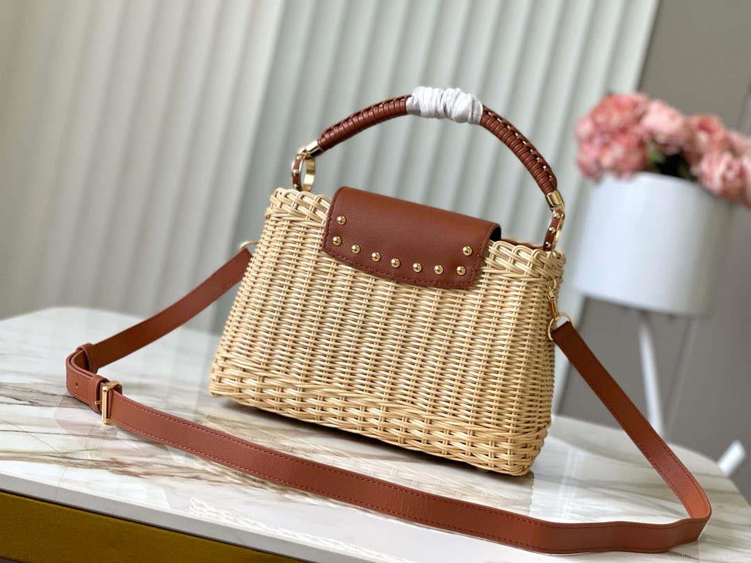 LV M22173 Louis Vuitton Capucines BB Handbag Straw Leather Beige Tan