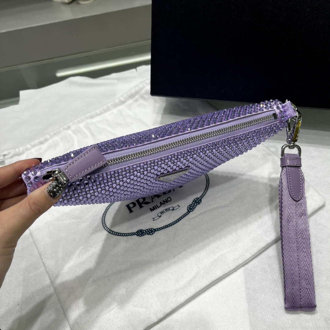 Prada 1NE039 Crystal-studded satin pouch Purple