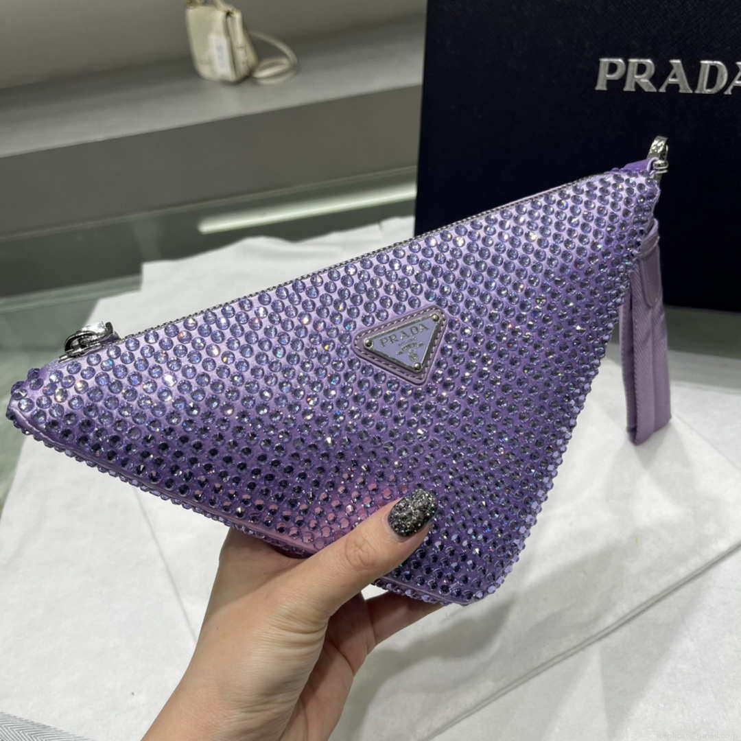 Prada 1NE039 Crystal-studded satin pouch Purple