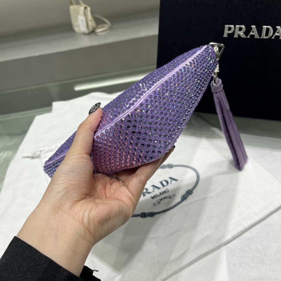 Prada 1NE039 Crystal-studded satin pouch Purple