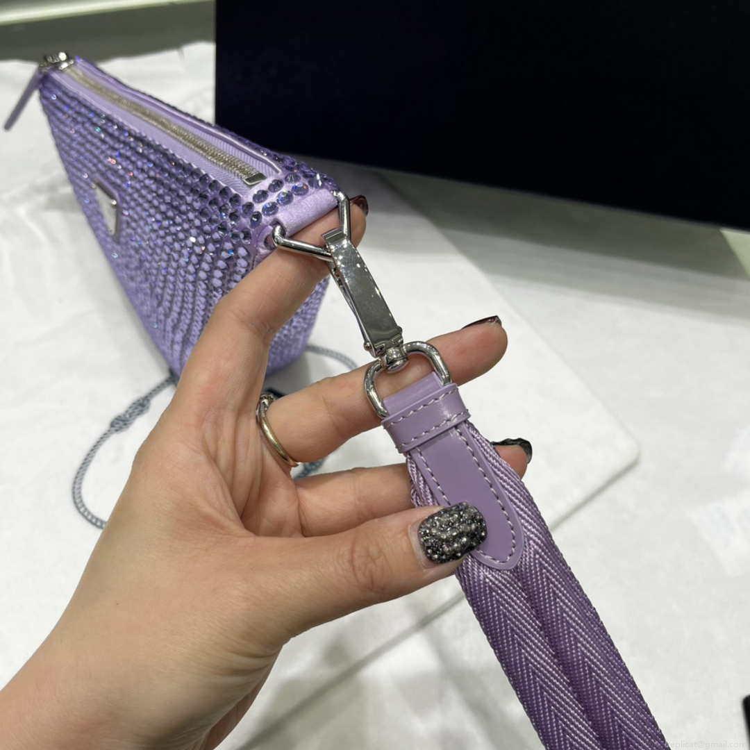 Prada 1NE039 Crystal-studded satin pouch Purple