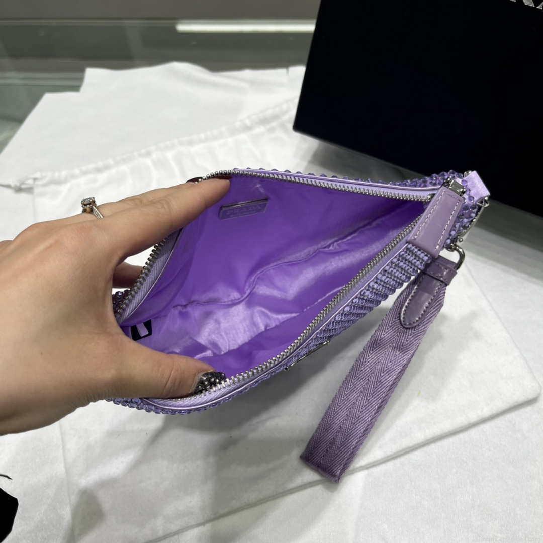 Prada 1NE039 Crystal-studded satin pouch Purple