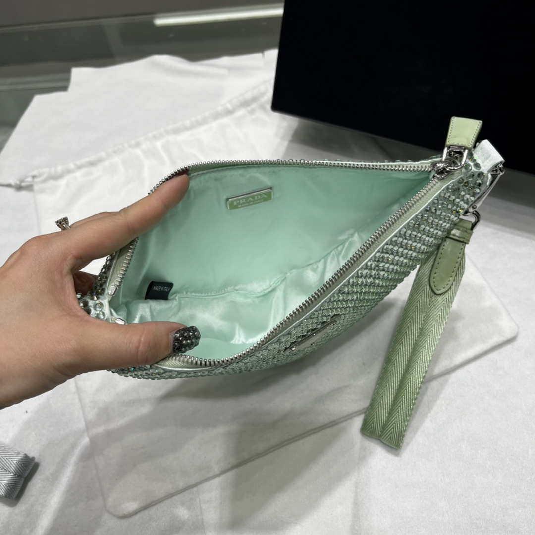 Prada 1NE039 Crystal-studded satin pouch Green
