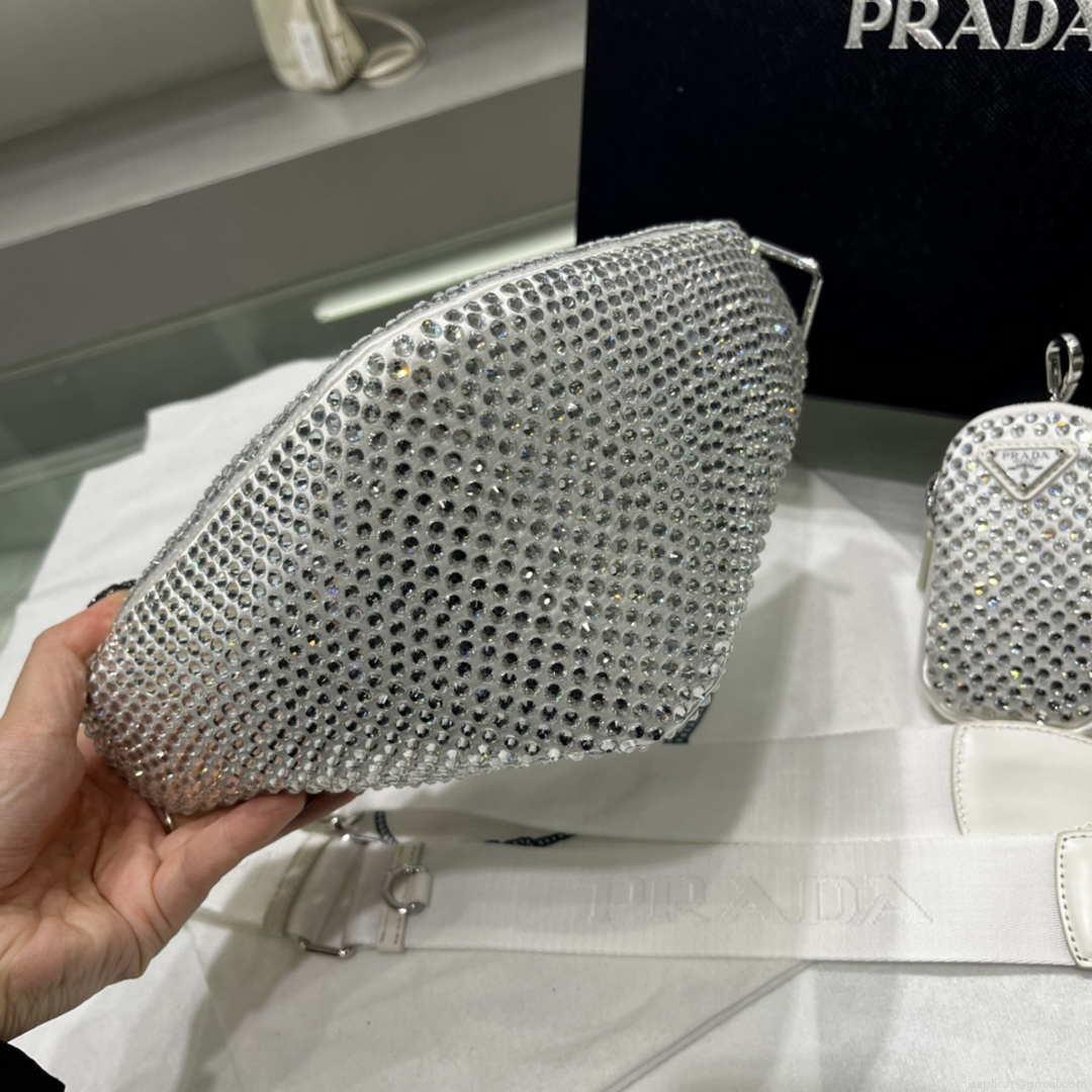 Prada 1NE190 Crystal-studded satin pouch White