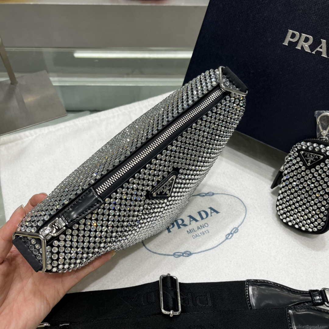 Prada 1NE190 Crystal-studded satin pouch Black