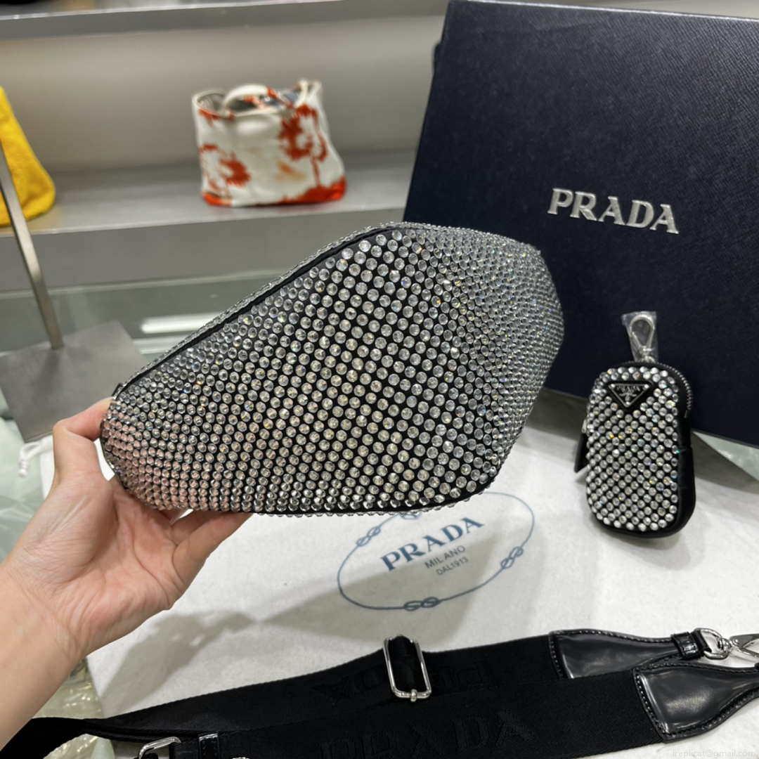 Prada 1NE190 Crystal-studded satin pouch Black