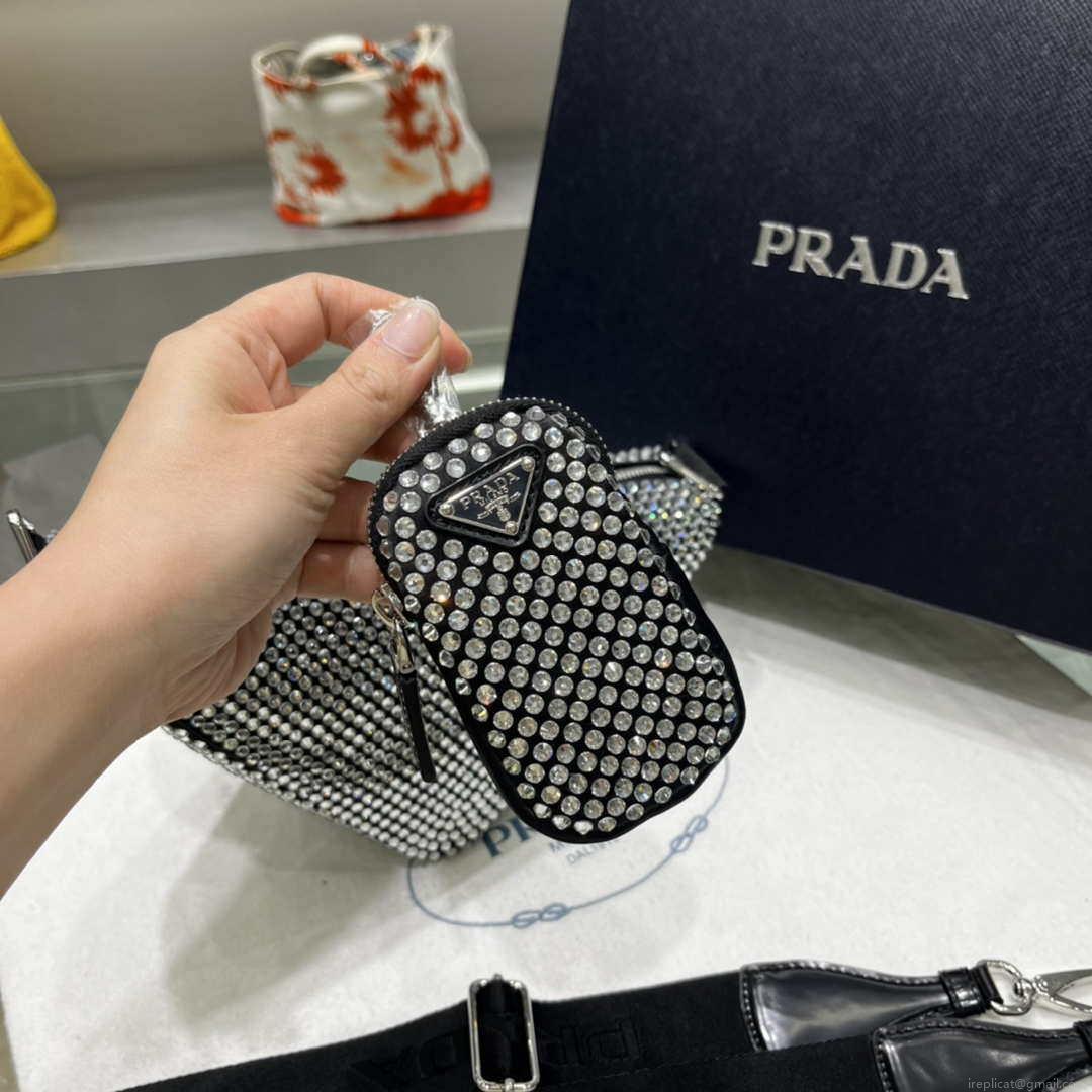 Prada 1NE190 Crystal-studded satin pouch Black