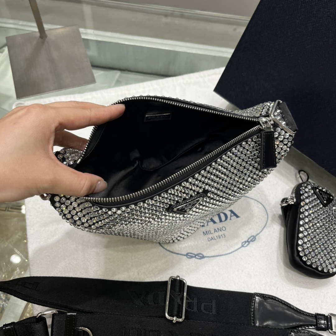 Prada 1NE190 Crystal-studded satin pouch Black