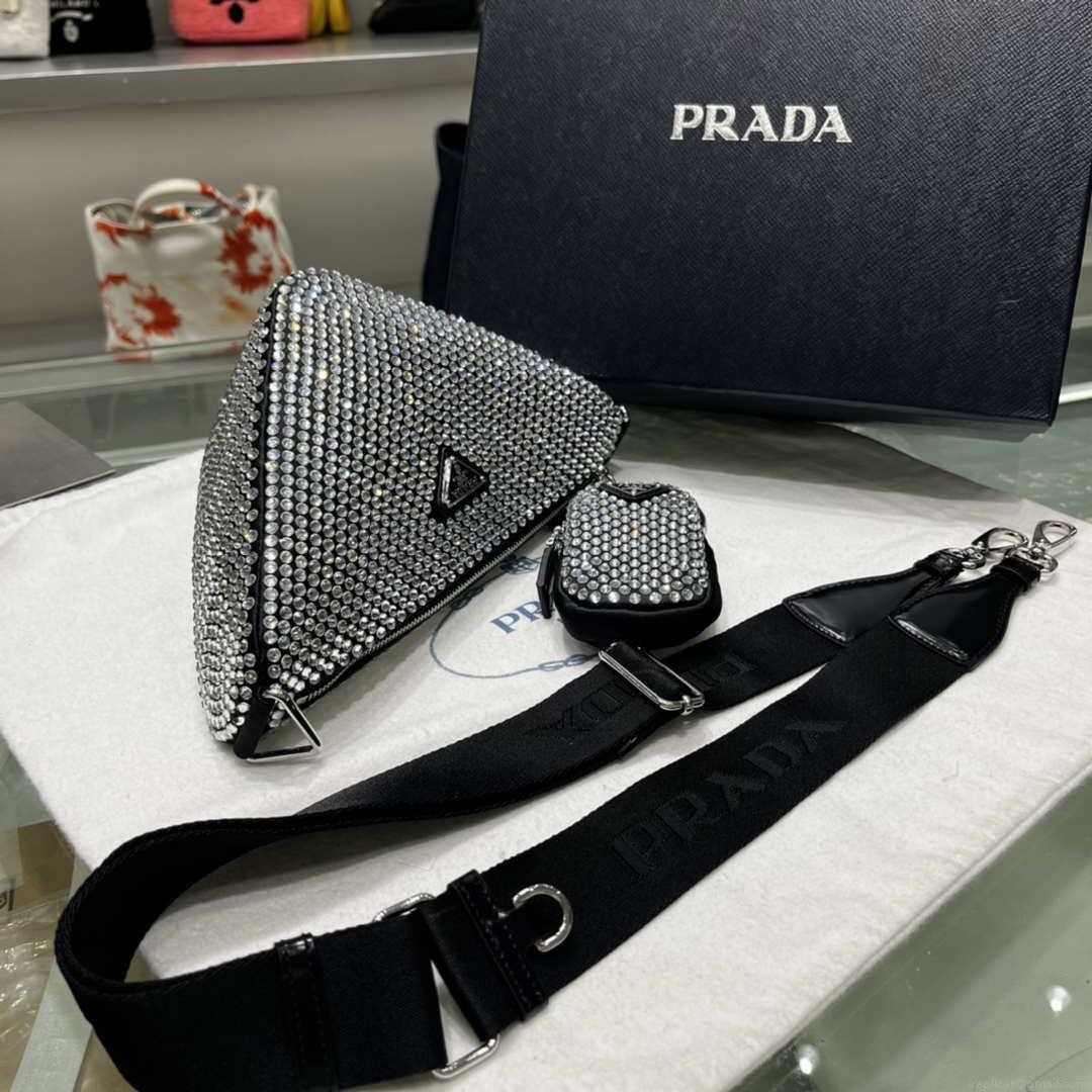 Prada 1NE190 Crystal-studded satin pouch Black