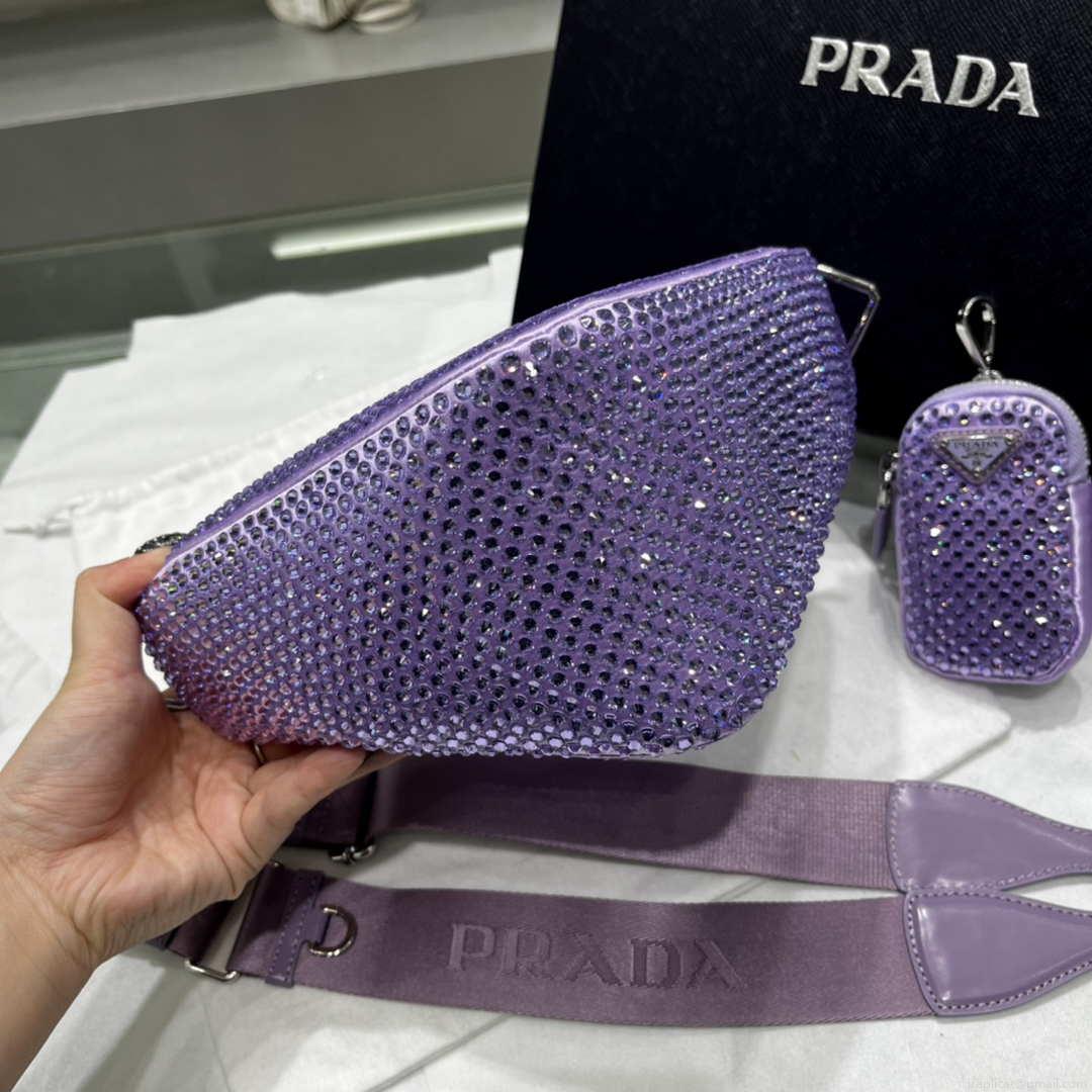 Prada 1NE190 Crystal-studded satin pouch Purple