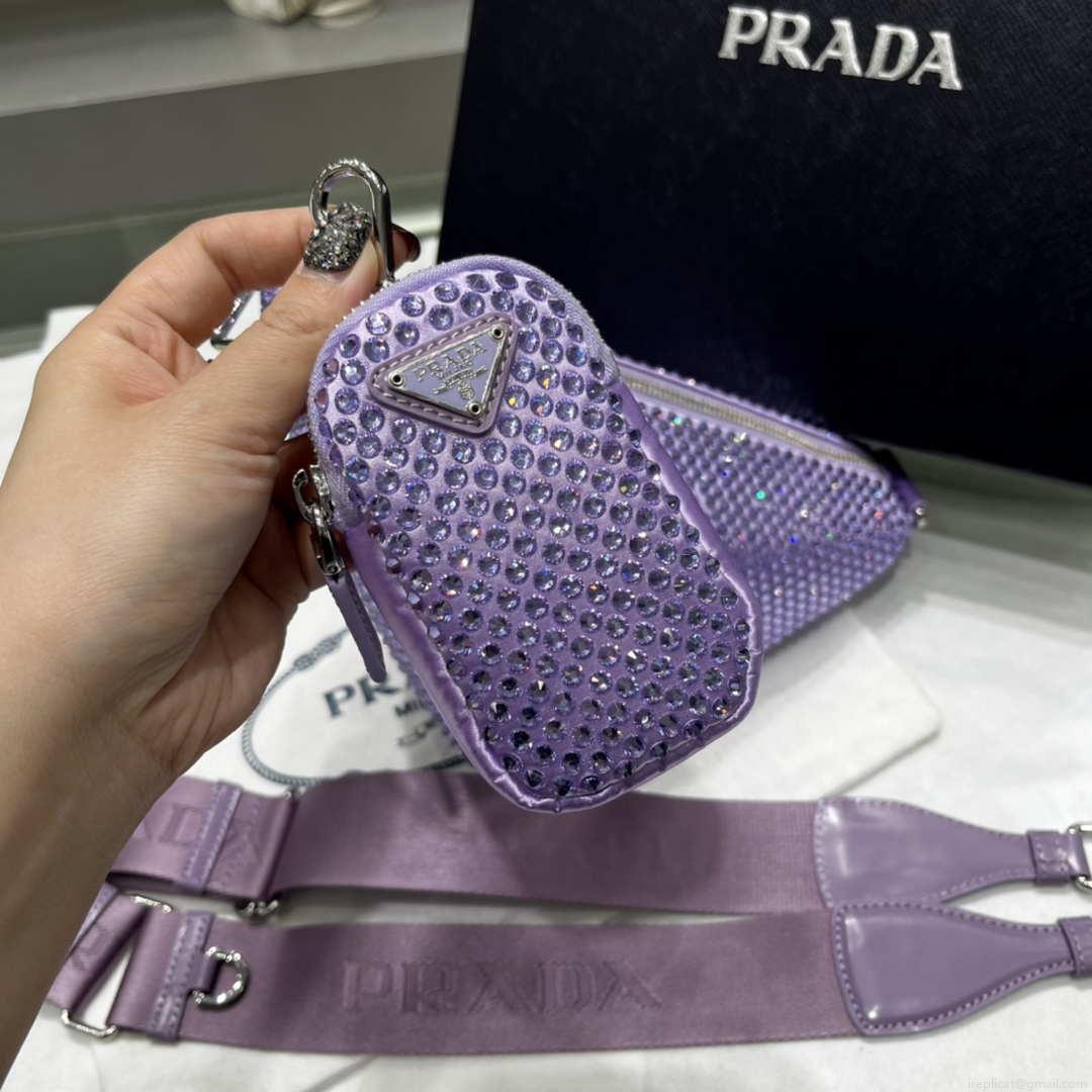 Prada 1NE190 Crystal-studded satin pouch Purple