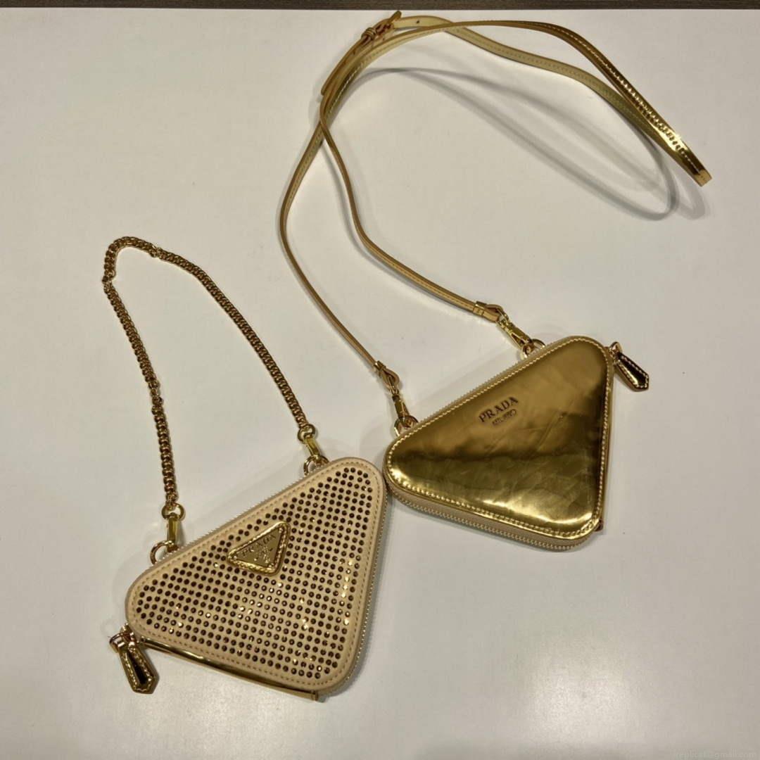 Prada 1NR015 Embellished satin and leather mini-pouch Gold
