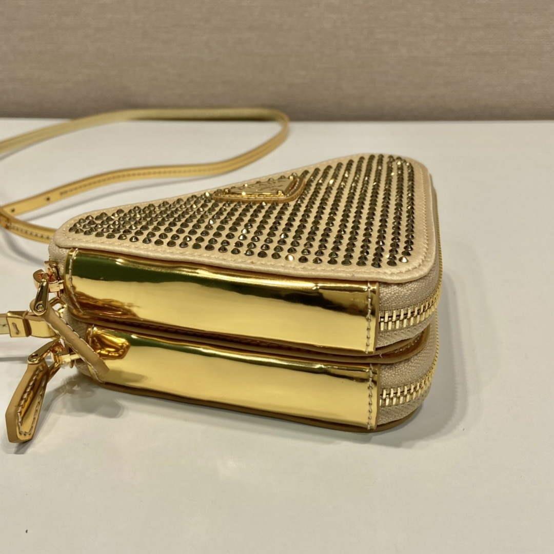 Prada 1NR015 Embellished satin and leather mini-pouch Gold
