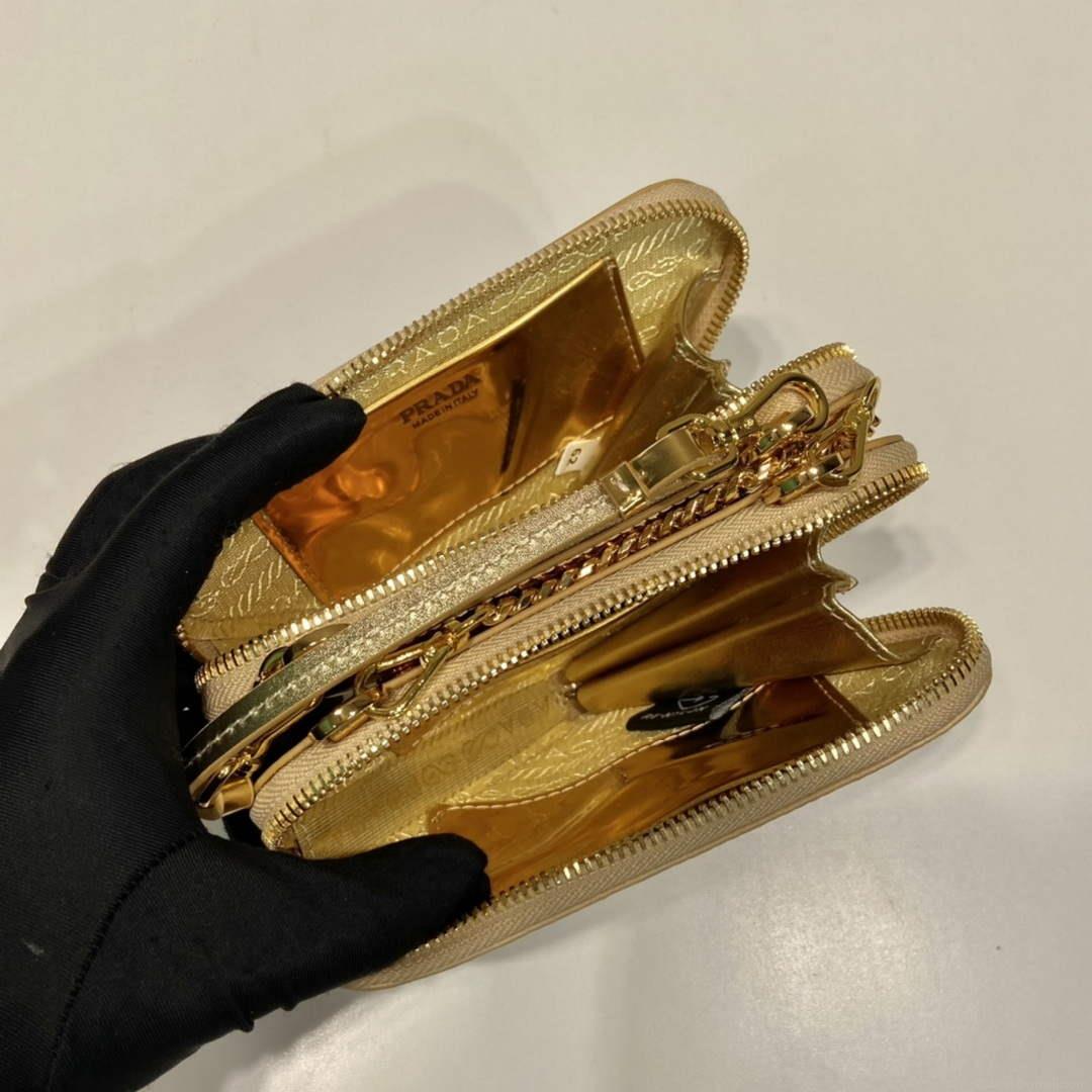 Prada 1NR015 Embellished satin and leather mini-pouch Gold
