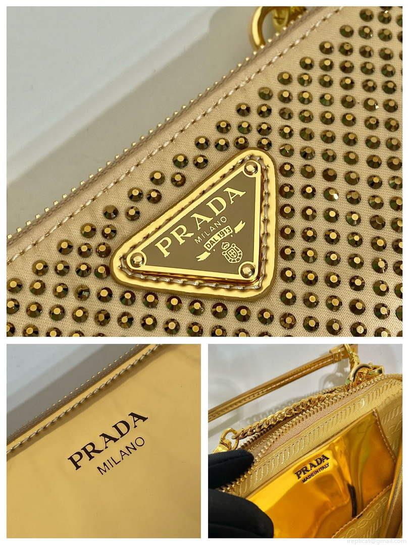 Prada 1NR015 Embellished satin and leather mini-pouch Gold