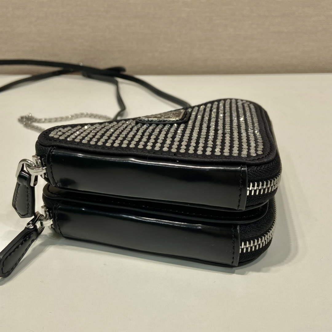 Prada 1NR015 Embellished satin and leather mini-pouch Black