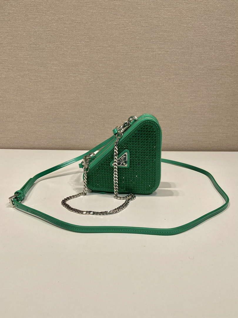 Prada 1NR015 Embellished satin and leather mini-pouch Green