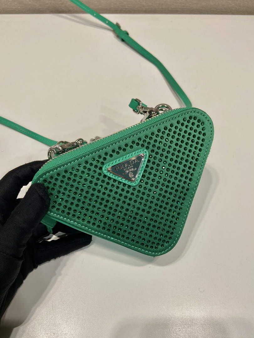 Prada 1NR015 Embellished satin and leather mini-pouch Green