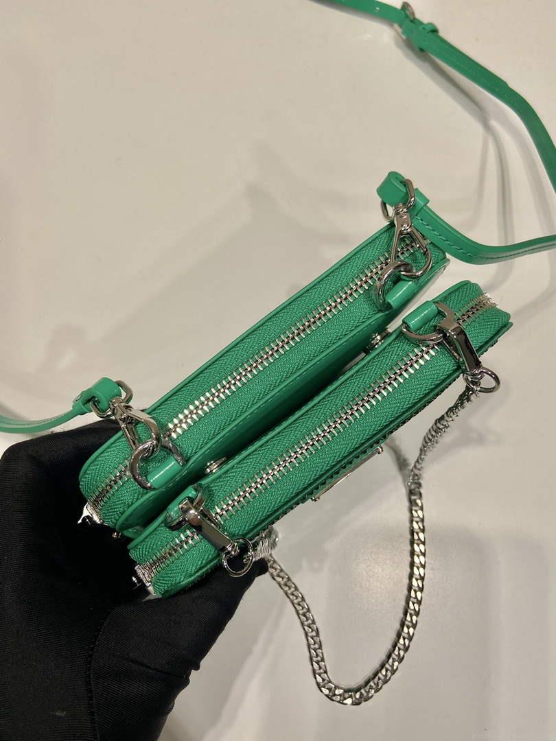 Prada 1NR015 Embellished satin and leather mini-pouch Green