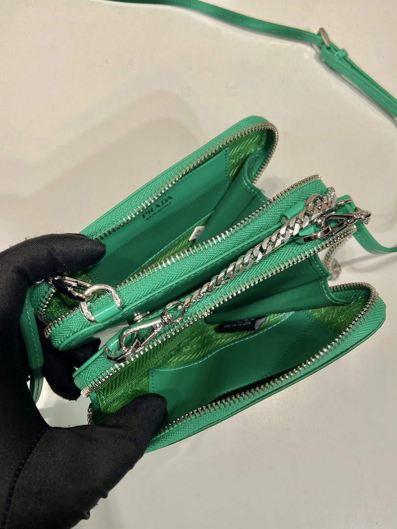 Prada 1NR015 Embellished satin and leather mini-pouch Green