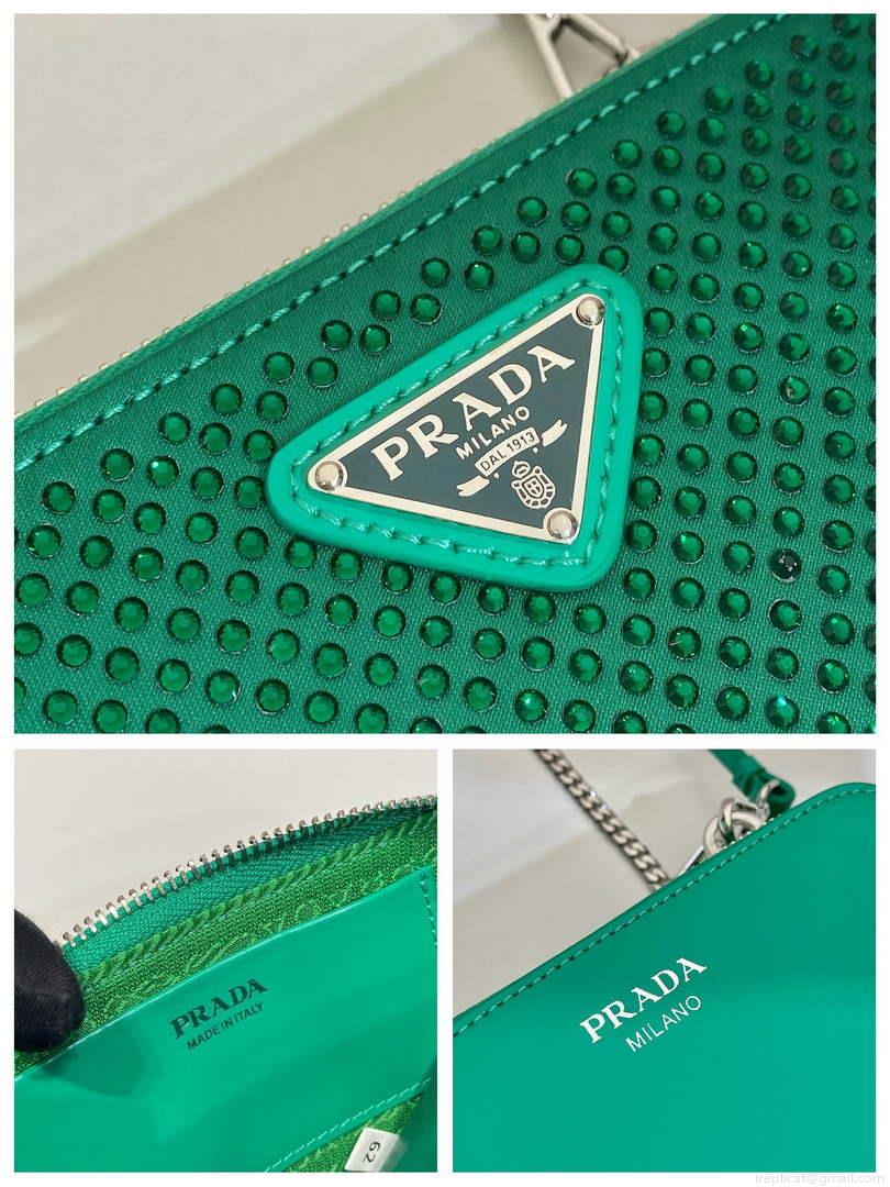 Prada 1NR015 Embellished satin and leather mini-pouch Green