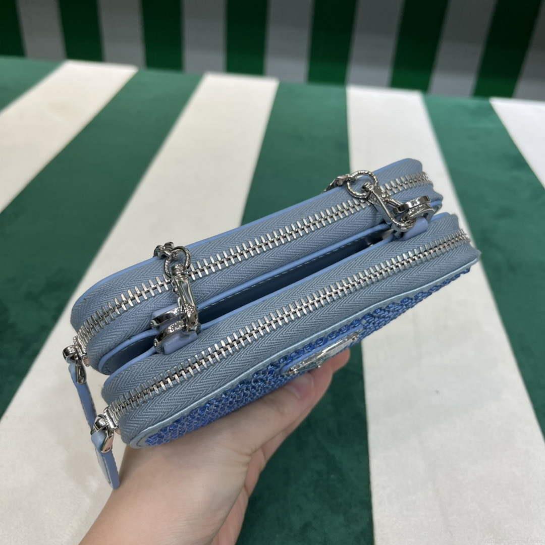 Prada 1NR015 Embellished satin and leather mini-pouch Blue