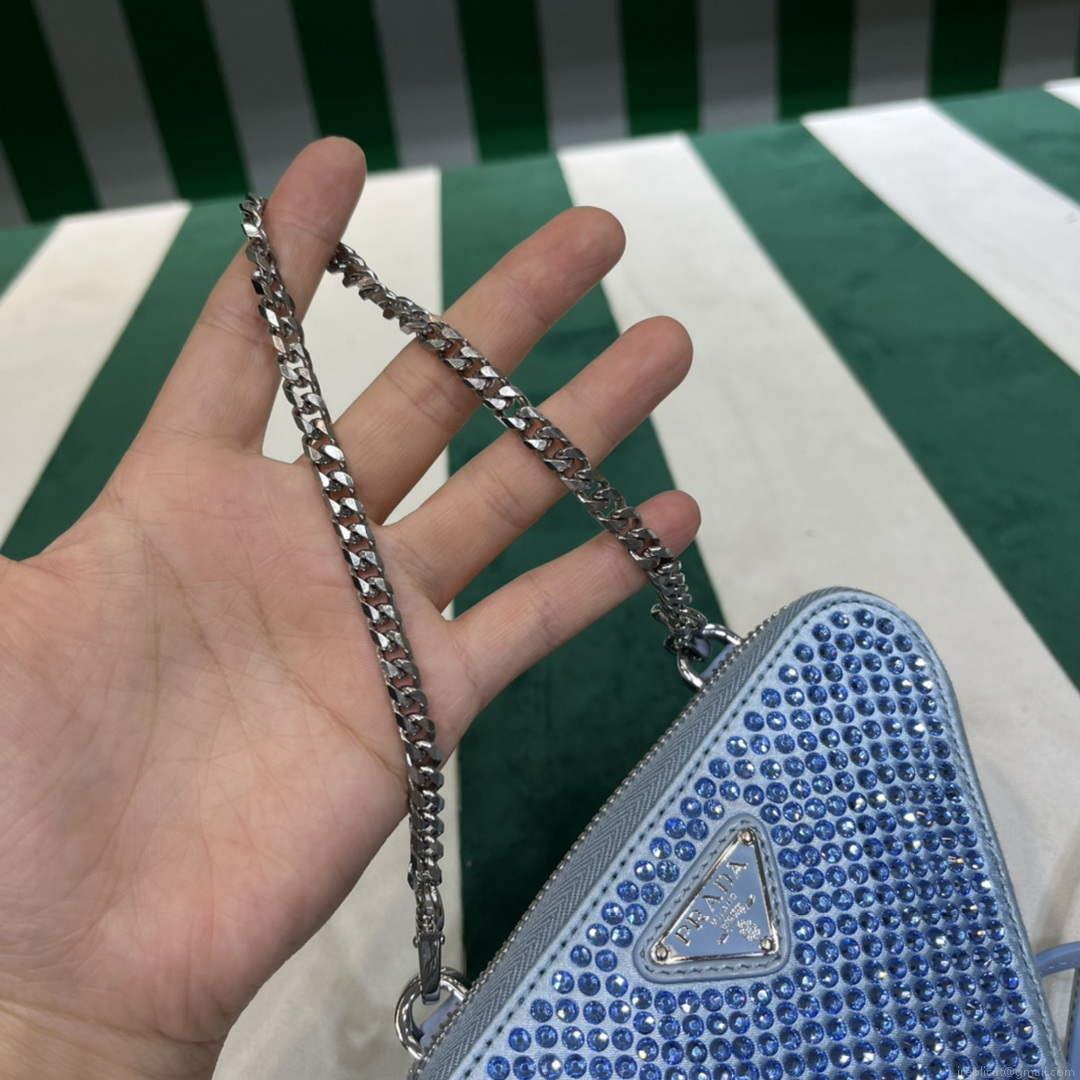 Prada 1NR015 Embellished satin and leather mini-pouch Blue