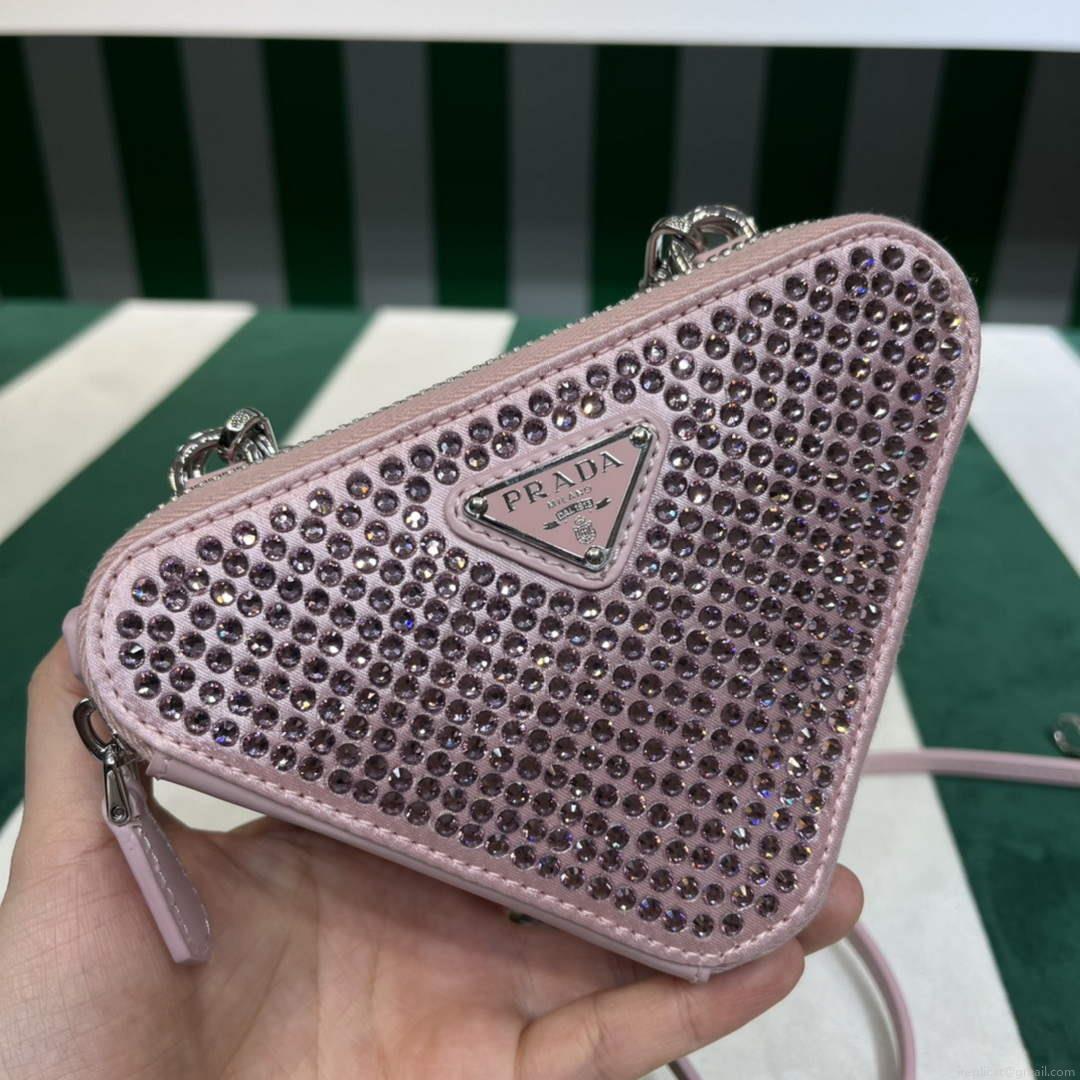 Prada 1NR015 Embellished satin and leather mini-pouch Pink