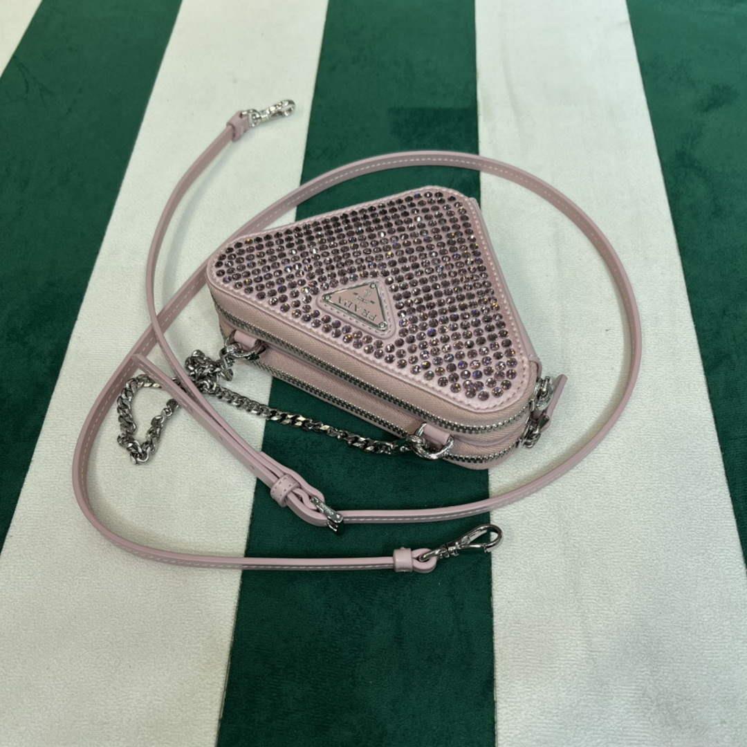Prada 1NR015 Embellished satin and leather mini-pouch Pink