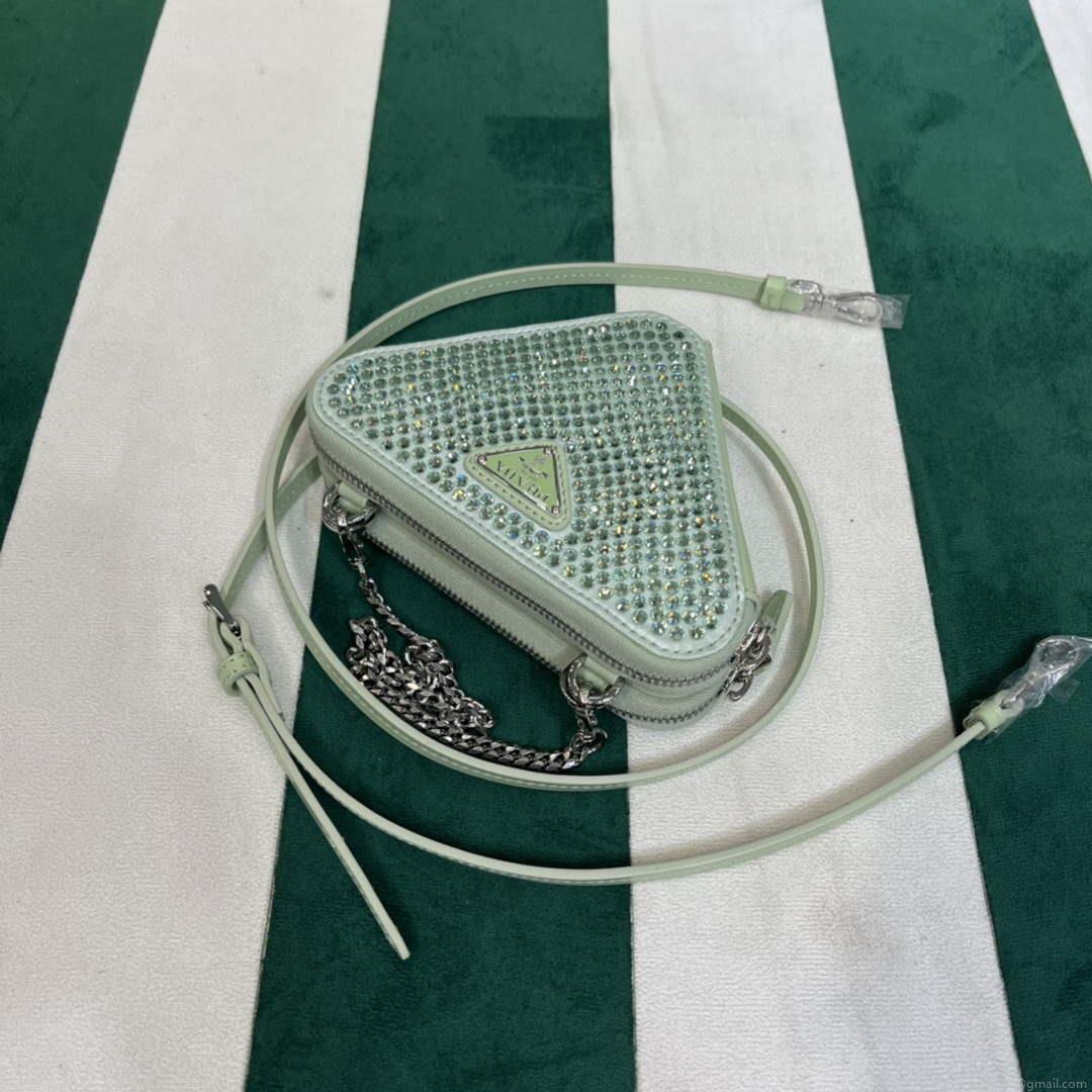 Prada 1NR015 Embellished satin and leather mini-pouch Light green